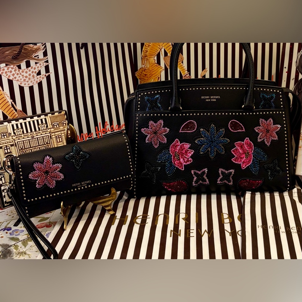 NWT HENRI BENDEL Black Floral Beaded Satchel w/Matching Wristlet/Wallet Holds 💄